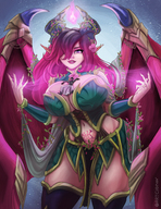 breasts drawing horns wings color large_breasts long_hair cleavage purple_eyes smiling pink_hair looking_at_viewer semi_nude no_background pointed_ears on_breasts bare_midriff artclonov iamdovikin