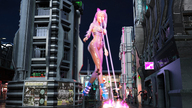 giantess mega color long_hair destruction angry scared pink_hair boots semi_nude lasers redfiredog digital_render laser_eyes hologram cyberpunk jackofbullets sizepunk