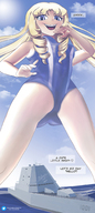 drawing gentle giantess blushing manga mega blonde comic color long_hair swimsuit blue_eyes clothed water ocean anime military sequence low_angle smiling story looming looking_down laughing open_mouth female_domination boats english clouds outdoors sky battleship navy point_of_view ships dialogue in_water perspective drill_hair bare_legs melade melxxxde bare_thighs clodus