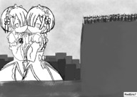 drawing giantess city monochrome clothed water buildings dress short_hair giantesses clouds outdoors sky crowds in_water cheering rem ram grayscale rederic7 frill