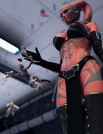 breasts giantess horns alien color large_breasts armor cleavage bra skirt low_angle yellow_eyes gloves boots star_wars shrunken_people tentacles indoors black_gloves tattoo belt semi_nude red_skin lightsaber pointed_ears digital_render sith loincloth caddyisraddy talon bare_midriff stormtroopers darth_talon the_force twilek low_angle  lekku
