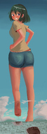 drawing giantess crush feet giga city mega color butt destruction clothed barefoot buildings purple_eyes green_hair short_hair foot_crush shorts looking_down clouds outdoors dirty_soles sky under_foot looking_back idolmaster rear_view looking_at_city debris iodain bare_legs looking_at_tinies human giatness natalia