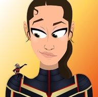 drawing gentle giantess mega color long_hair brunette yellow_eyes smiling ponytail unknown_artist shrunken_man looking_down shoulder costume ant-man source_needed on_shoulder no_background looking_at_tiny marvel_comics hope_van_dyne the_wasp scott_lang