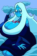 breasts drawing color large_breasts long_hair blue_eyes clothed cleavage blue_hair blue_skin looking_down clouds outdoors sky looking_at_tiny steven_universe on_breasts blue_diamond superspoe spinel huge_breastss