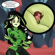 breasts drawing black_hair color large_breasts long_hair clothed cleavage green_eyes grinning smiling gloves kim_possible shego shrunken_woman looking_down standing disney commission smothering dialogue squeezing groping green_skin skintight_clothing between_breasts darkarri slugmanoctavio3 drake_bell super_hero_movie
