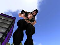 giantess crush city mega black_hair color long_hair clothed cleavage buildings low_angle unknown_artist muscles looking_down clouds outdoors sky point_of_view looking_at_viewer source_needed looking_at_tiny digital_render cleavage_window