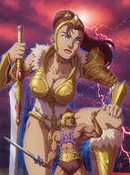 breasts drawing growth giantess blonde color large_breasts armor blue_eyes sword cleavage brunette ponytail mini_giantess boots kneeling muscles storm clouds outdoors sky necklace belt lightning leotard bracelet semi_nude tiara loincloth bare_legs zerohour99 he-man teela somedude248