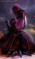 breasts giantess crush alien butt destruction clothed butt_crush low_angle sitting tali mask clouds outdoors sky point_of_view hood digital_render mass_effect talizorah reaper quarian source_size_shenanigans hooded knarfdarf