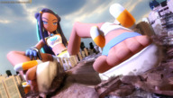 giantess crush pokemon feet city mega black_hair color long_hair destruction blue_eyes toes buildings smiling gloves sitting sandals foot_crush shorts looking_down clouds shoe_crush outdoors sky looking_at_city debris highlights digital_render bare_legs smirking blue_highlights bare_midriff looking_at_tinies nessa pokemon_sword_and_shield bare_thighs source_size_shenanigans knarfdarf