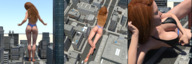 bikini giantess panties city mega color large_breasts long_hair butt barefoot cleavage bra buildings brunette underwear high_angle street lying_down sky nail_polish semi_nude orange_hair digital_render bare_legs bare_midriff skimpy_clothes bare_thighs sizechange camille read_angle