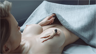 breasts nipples nude size_difference blonde black_hair color cleavage bed topless lying_down lesbians minigirl shrunken_woman indoors bedroom nail_polish digital_render on_back on_breasts lfcfan bare_midriff f/f nude_tiny