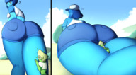 drawing giantess color butt blue_eyes clothed blue_hair short_hair legs shorts blue_skin clouds thighs outdoors sky rear_view steven_universe bare_legs lapis_lazuli peridot bare_midriff charlydibu