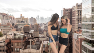 giantess collage city mega blonde color long_hair destruction cleavage buildings brunette smiling shorts looking_down giantesses clouds outdoors sky nail_polish necklace semi_nude bare_legs bare_midriff looking_at_tinies bare_thighs gtsproductions