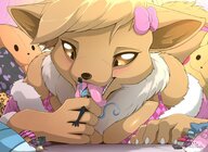 drawing gentle pokemon furry blushing anthro size_difference color tongue clothed licking handheld cleavage bed ribbon brown_eyes lying_down shrunken_man pinned dolls indoors eevee s2-freak pillows scalie ych intonyeon skimpy_clothes inteleon