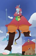drawing giantess furry giga tail color clothed sword low_angle dress looming mountains river rat clouds outdoors sky hat point_of_view sihagen freya knarfdarf final_fantasy_9 lindblum