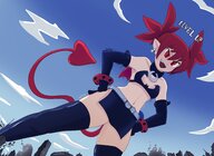 drawing growth giantess tail city mega color destruction cleavage buildings red_eyes smiling disgaea etna red_hair short_hair clouds outdoors sky bracelet semi_nude loincloth bare_midriff sihagen knarfdarf