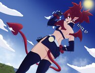 drawing growth crush tail wings color destruction red_eyes smiling gloves disgaea etna red_hair short_hair boots looking_down hand_crush black_gloves looking_back looking_at_viewer bracelet rear_view smirking bare_midriff sihagen knarfdarf