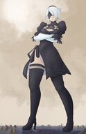 drawing giantess white_hair giga color destruction clothed cleavage gloves dress short_hair boots clouds outdoors sky black_gloves blindfold cleavage_window 2b nier sihagen knarfdarf engels