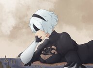 breasts drawing white_hair crush color destruction clothed beach cleavage water ocean breast_crush gloves lying_down short_hair clouds outdoors sky black_gloves hairband blindfold cleavage_window 2b nier sihagen knarfdarf engels