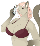 breasts drawing nipples furry tail cat anthro color large_breasts long_hair cleavage bra brown_eyes ducky pink_hair piercings phone areola animation shrunken_man entrapment standing x-ray earrings smothering semi_nude inside_bra hand_on_hips no_background bra_entrapment bare_midriff clothing_entrapment exact_source_needed