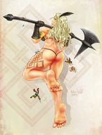 drawing blonde color long_hair butt blue_eyes barefoot gloves lying_down muscles looking_up black_gloves looking_back semi_nude axe rear_view bare_back bare_legs dragons_crown amazon_(dragons_crown) armlet micwhyss bare_thighs thigh musclar_woman