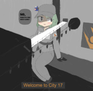 drawing giantess color clothed green_hair short_hair sitting indoors hat half-life gt_hive city_17