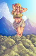 breasts drawing giantess mega blonde color long_hair blue_eyes cleavage skirt smiling jungle mountains tribal forest clouds flower outdoors sky stretching trees semi_nude bare_legs makeshift_clothing bare_midriff bare_thighs hair_flower lesgeantes