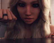 drawing giantess blonde color long_hair blue_eyes minigirl shrunken_woman looking_down indoors discovered rings looking_at_tiny digital_render innocent-owl blurred_distance insectnificant