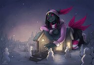 drawing gentle giantess pokemon furry macro cat color clothed skirt red_eyes smiling lying_down boots pink_eyes looking_down snow leaning night outdoors sweater stampydragon winter trees shawl cabin scarf weavile neotheta snowmen