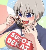 drawing color tongue blue_eyes clothed mouth playful high_angle smiling short_hair shrunken_man teasing grey_hair hollewdz uzaki-chan facemask