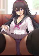 drawing micro panties upskirt black_hair color large_breasts long_hair clothed cleavage purple_eyes smiling shrunken camel_toe socks sitting looming between_legs looking_down shrunken_person indoors thigh_highs hairband source_needed black_socks bare_thighs