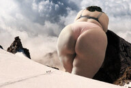 giantess collage black_hair color bbw mountains snow clouds outdoors sky semi_nude rear_view bare_back bare_legs tekitocreations bare_thighs sweetnsexxi3