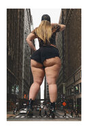 giantess collage city mega blonde color long_hair clothed buildings shoes street shorts vehicles outdoors sky hat rear_view baseball_cap bare_legs tekitocreations colors_of_autumnn94