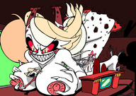 drawing growth nipples giantess nude horns blonde color destruction barefoot demon red_eyes angry topless smiling hell fangs charlie bare_butt white_skin bare_back bare_legs outgrowing_room drsgrowth bare_midriff hazbin_hotel charlie_(hazbin_hotel) bare_thighs knarfdarf vaggie katie_killjoy tom_trench charlie_morningstar