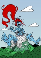 drawing growth giantess nude color long_hair destruction barefoot topless red_hair ponytail blue_skin mountains forest clouds outdoors sky closed_eyes trees sharp_teeth eyepatch bare_legs undertale undyne drsgrowth bare_midriff bare_thighs knarfdarf mt._ebott