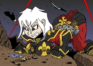 drawing white_hair crush color destruction clothed angry gloves short_hair looking_down outdoors sky all_fours looking_at_tiny warhammer_40k raised_butt drsgrowth knarfdarf sororitas tau