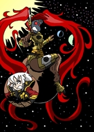 drawing crush space color long_hair butt destruction clothed planet butt_crush red_eyes gloves red_hair twintails stars warhammer_40k drsgrowth sitting_on_tiny knarfdarf sororitas tau