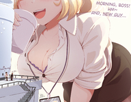 drawing gentle micro blushing size_difference blonde color large_breasts clothed cleavage skirt smiling short_hair office drink open_mouth jiggle leaning stairs cup shirt dialogue no_background ncmares yohomeboync yohomeboyraps raps lanyard keycord watercooler