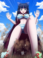bikini breasts drawing growth giantess mega black_hair long_hair destruction clothed anime green_eyes ribbon stockings looking_down clouds outdoors sky hair_ribbon looking_at_viewer semi_nude panty_and_stocking_with_garterbelt thedaibijin bare_legs bare_midriff between_breasts bare_thighs