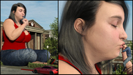 gentle giantess city mega black_hair color large_breasts clothed handheld barefoot cleavage finger brunette lips street sitting kissing hand vehicles outdoors flip_flops closed_eyes legs_crossed digital_render galiagan view