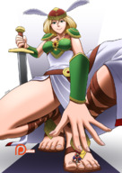 drawing giantess blonde color long_hair clothed sword toes green_eyes sandals shrunken_man looking_down point_of_view valkyrie spokle armlet lagnus9 foot_focus legend_of_valkyrie