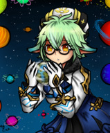 drawing earth space color planet glasses yellow_eyes gloves green_hair dress short_hair hand looking_down hat stars handled white_gloves pointed_ears looking_at_tinies genshin_impact majoumegami genshin sucrose
