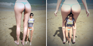 color beach barefoot water ocean brunette short_hair mini_giantess sunglasses sand outdoors fierce-invalid seth rear_view digital_render bare_back bare_legs bare_thighs sw