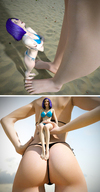 bikini color barefoot blue_hair short_hair mini_giantess sand clouds outdoors sky fierce-invalid semi_nude seth handled rear_view digital_render bare_back bare_legs bare_thighs sw