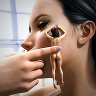 giantess black_hair color green_eyes short_hair hand window shrunken_woman indoors fierce-invalid seth handled digital_render nude_tiny sw