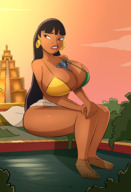 breasts drawing giantess mega black_hair color large_breasts long_hair butt barefoot cleavage bra skirt water buildings huge_breasts pyramid goddess brown_eyes sitting jungle pool dark_skin clouds thighs outdoors sky statue earrings native semi_nude chel thick_thighs loincloth bare_legs dreamworks the_road_to_el_dorado ziggurat bare_midriff caiman2 between_breasts goddess_chel jaguar bare_thighs hands_on_knee
