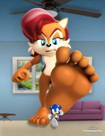 drawing crush feet furry anthro color barefoot angry red_hair short_hair foot_crush sonic_the_hedgehog shrunken_man indoors under_foot raised_foot semi_nude imminent_crush sally_acorn bare_legs bare_midriff bare_thighs jcthornton blue-eyes