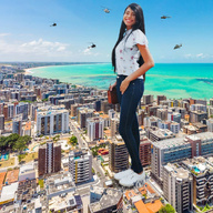 giantess collage giga city black_hair color long_hair destruction clothed water ocean buildings helicopter shoes smiling clouds outdoors sky looking_at_viewer brazil zebos2003 maceió elizama nézia