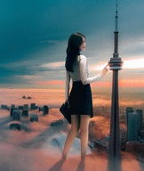 giantess collage giga city black_hair color long_hair clothed skirt finger buildings asian hand clouds outdoors sky business_woman toronto cn_tower lagunalela
