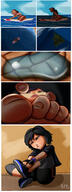 breasts drawing micro feet comic black_hair color clothed toes ocean shoes sweat low_angle multiple_sizes brown_eyes asian surf short_hair unaware entrapment dark_skin clouds sky hawaii disney point_of_view sweaty_feet highlights nani_pelekai nani gogo_tomago big_hero_6 blue_highlights kisparlius shoe_entrapment hair_streak lilo_and_stitch